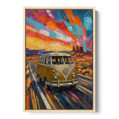Hippie Wall Art Camper Van on a Desert Highway - Oak Framed Canvas Wall Art - Front