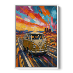 Hippie Wall Art Camper Van on a Desert Highway - White Framed Canvas Wall Art - Front