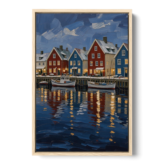 Holiday Snowy Harbor Fishing Village - Oak Framed Canvas Wall Art - Front