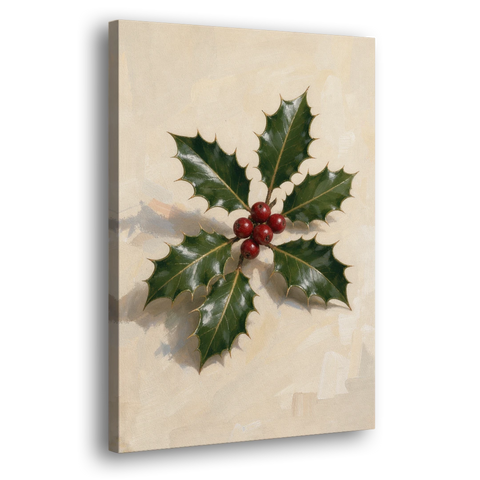 Holly Wall Art with Red Berries on Cream - Canvas Wall Art - Side
