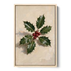 Holly Wall Art with Red Berries on Cream - Oak Framed Canvas Wall Art - Front