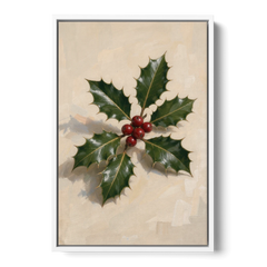 Holly Wall Art with Red Berries on Cream - White Framed Canvas Wall Art - Front