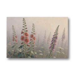 Hollyhock Painting with Foxgloves in Morning Mist - Canvas Wall Art - Front