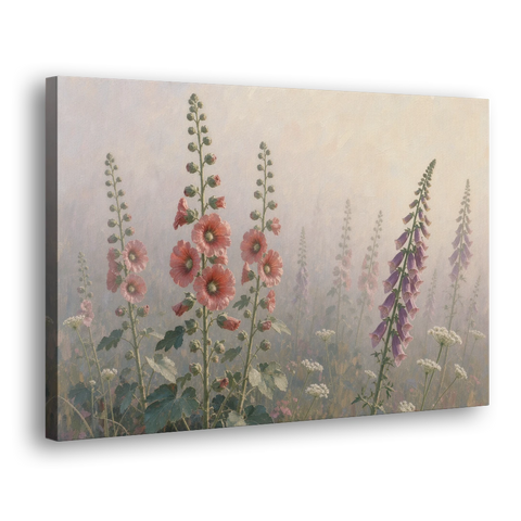 Hollyhock Painting with Foxgloves in Morning Mist - Canvas Wall Art - Side