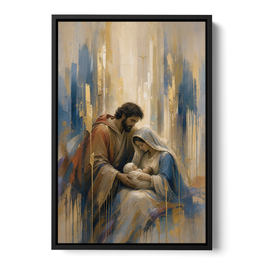 Holy Family Canvas in Indigo and Gold - Black Framed Canvas Wall Art - Front