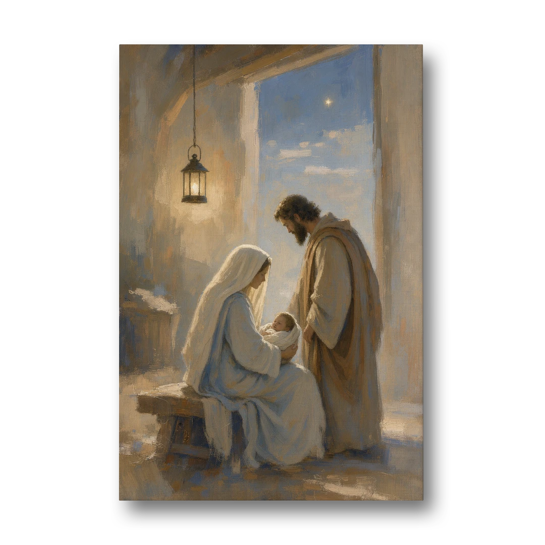 Holy Family Painting by Lantern Light - Canvas Wall Art - Front