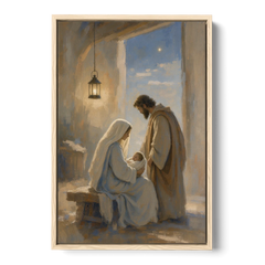 Holy Family Painting by Lantern Light - Oak Framed Canvas Wall Art - Front