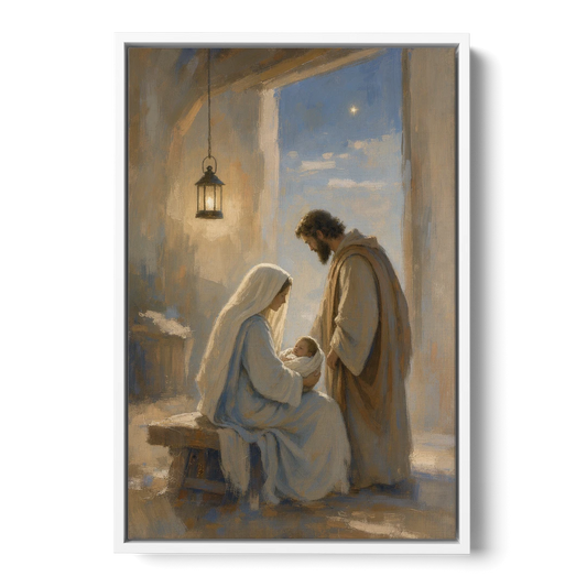 Holy Family Painting by Lantern Light - White Framed Canvas Wall Art - Front