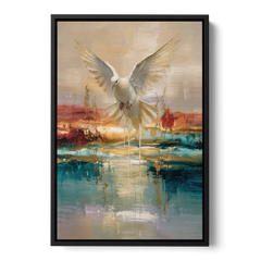 Holy Spirit Dove Painting Descending in Gold - Black Framed Canvas Wall Art - Front