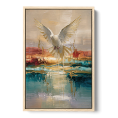 Holy Spirit Dove Painting Descending in Gold - Oak Framed Canvas Wall Art - Front