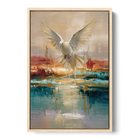 Holy Spirit Dove Painting Descending in Gold - Oak Framed Canvas Wall Art - Front