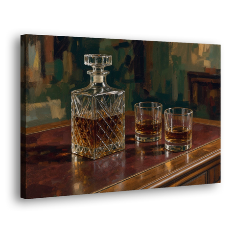 Home Bar Decor with Crystal Decanter and Bourbon - Canvas Wall Art - Side