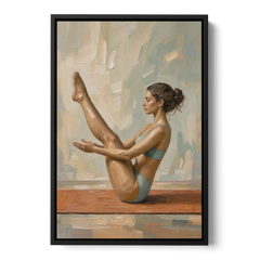Home Gym Boat Pose on a Terracotta Mat - Black Framed Canvas Wall Art - Front