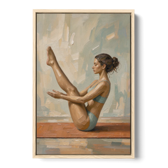 Home Gym Boat Pose on a Terracotta Mat - Oak Framed Canvas Wall Art - Front