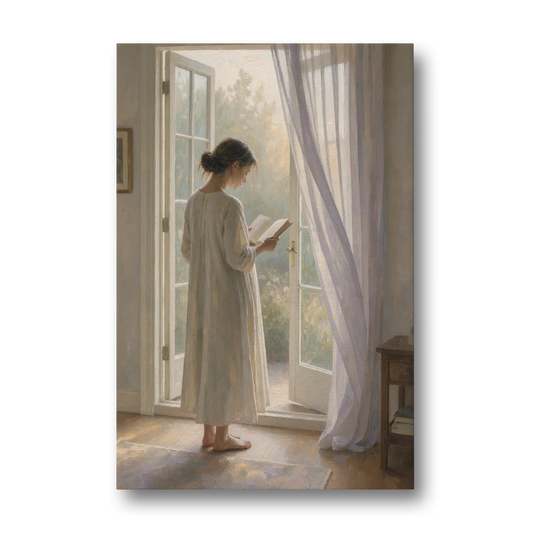 Home Library Decor with Reader at the French Window - Canvas Wall Art - Front