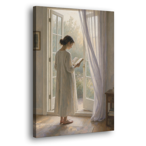 Home Library Decor with Reader at the French Window - Canvas Wall Art - Side
