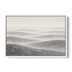 Home Office Wall Decor with Misty Rolling Hills - White Framed Canvas Wall Art - Front