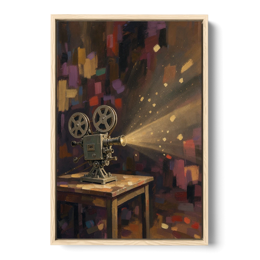 Home Theater Decor Golden Projector Beam - Oak Framed Canvas Wall Art - Front