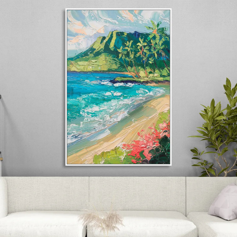 Honolulu Diamond Head View Living Room - White Canvas Wall Art