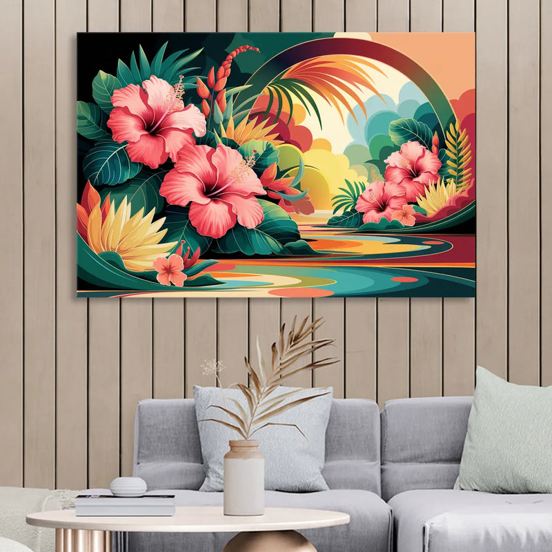 Honolulu Hawaiian Floral Design Sitting Room - Canvas Wall Art