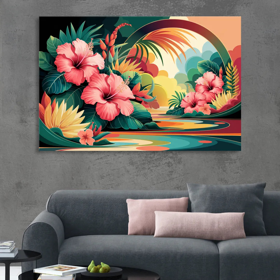 Honolulu Hawaiian Floral Design Living Room - Canvas Wall Art