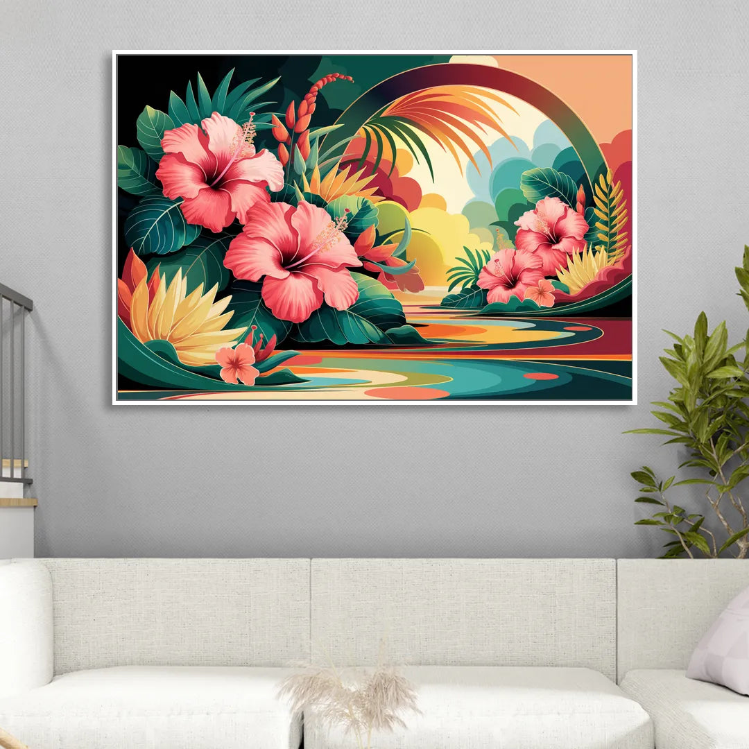 Honolulu Hawaiian Floral Design Sitting Room - White Canvas Wall Art