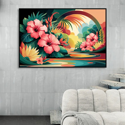 Honolulu Hawaiian Floral Design Sitting Room - Black Canvas Wall Art