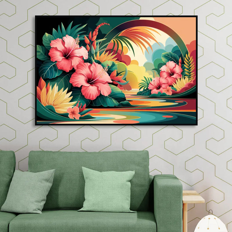Honolulu Hawaiian Floral Design Living Room - Black Canvas Wall Art