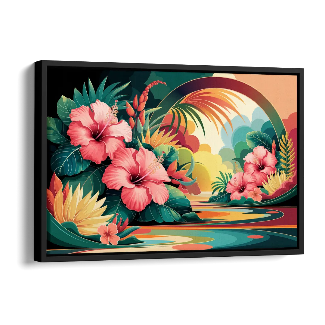 Honolulu Hawaiian Floral Design Side - Black Canvas Wall Art