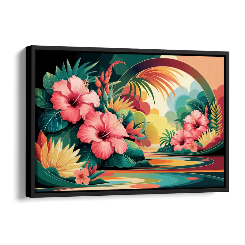 Honolulu Hawaiian Floral Design Side - Black Canvas Wall Art