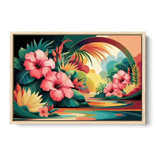 Honolulu Hawaiian Floral Design - Oak Framed Canvas Wall Art - Front