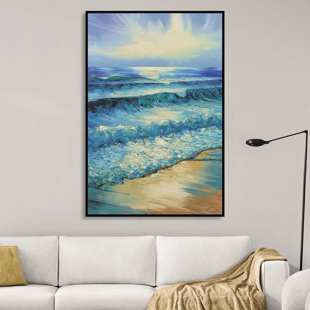 Honolulu Ocean Waves Scene Living Room - Black Canvas Wall Art