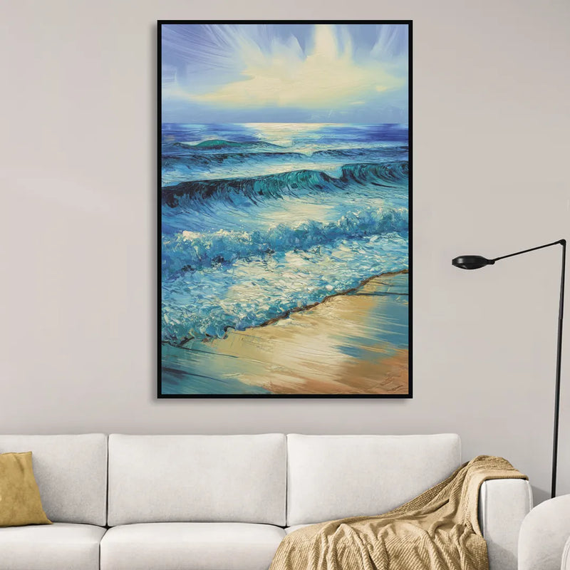 Honolulu Ocean Waves Scene Living Room - Black Canvas Wall Art