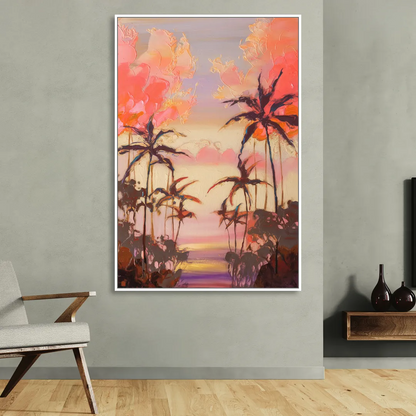 Honolulu Palm Trees Silhouette Sitting Room - White Canvas Wall Art