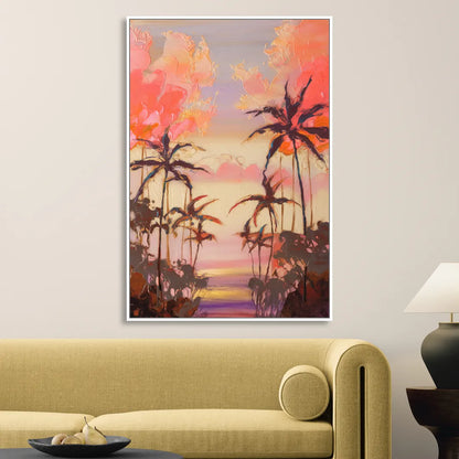 Honolulu Palm Trees Silhouette Living Room - White Canvas Wall Art