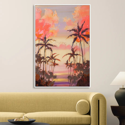 Honolulu Palm Trees Silhouette Living Room - White Canvas Wall Art