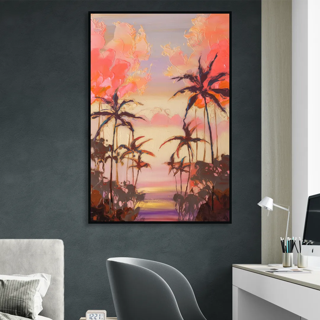 Honolulu Palm Trees Silhouette Sitting Room - Black Canvas Wall Art