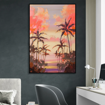 Honolulu Palm Trees Silhouette Sitting Room - Black Canvas Wall Art