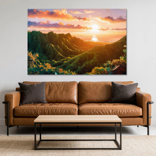 Honolulu Sunset Over Mountains - Canvas Wall Art - Sofa - 60x40