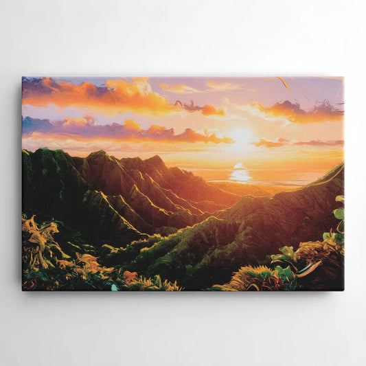 Honolulu Sunset Over Mountains - Canvas Wall Art