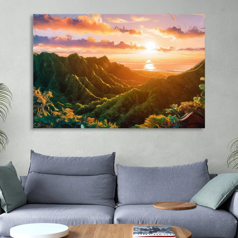 Honolulu Sunset Over Mountains Sitting Room - Canvas Wall Art