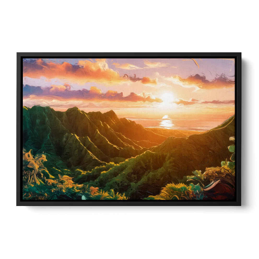 Honolulu Sunset Over Mountains Front - Black Canvas Wall Art