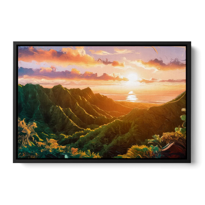 Honolulu Sunset Over Mountains Front - Black Canvas Wall Art
