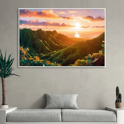 Honolulu Sunset Over Mountains Sitting Room - White Canvas Wall Art