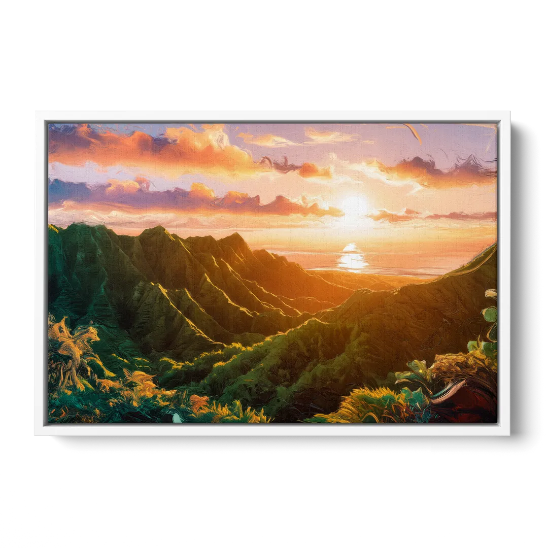 Honolulu Sunset Over Mountains Front - White Canvas Wall Art
