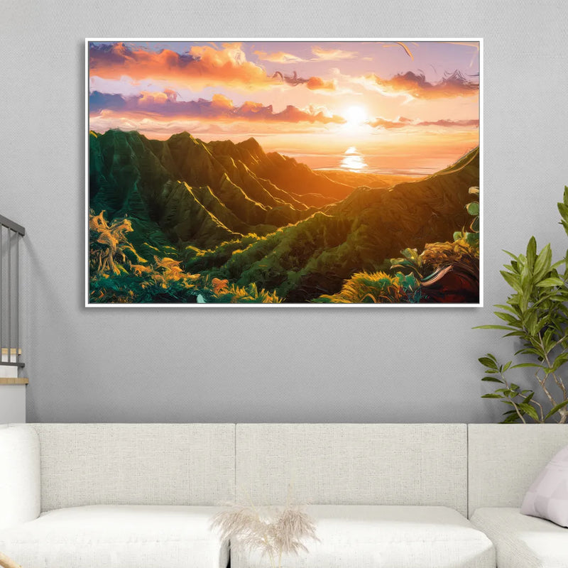 Honolulu Sunset Over Mountains Living Room - White Canvas Wall Art