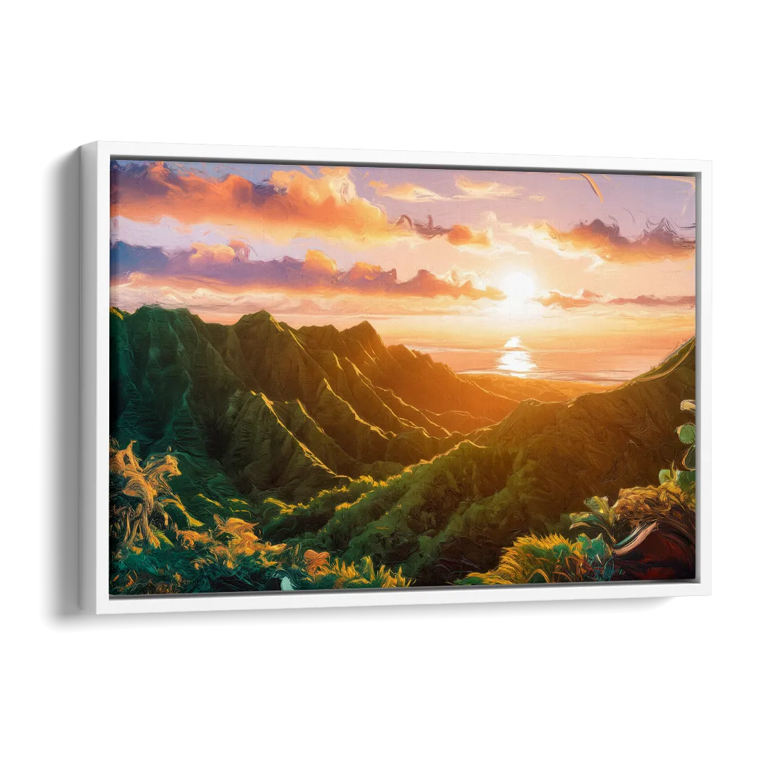Honolulu Sunset Over Mountains Side - White Canvas Wall Art