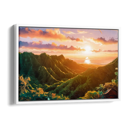 Honolulu Sunset Over Mountains Side - White Canvas Wall Art
