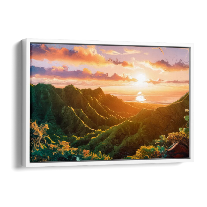 Honolulu Sunset Over Mountains Side - White Canvas Wall Art