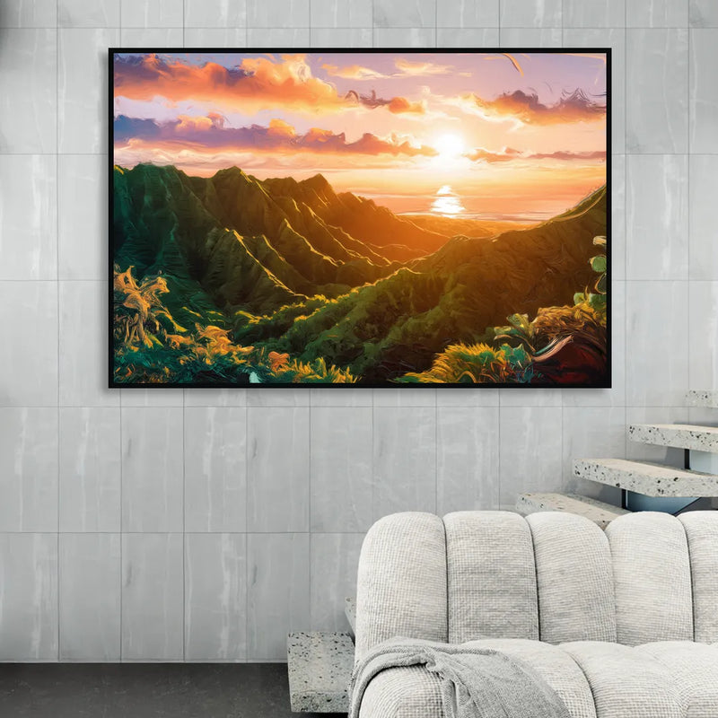 Honolulu Sunset Over Mountains Living Room - Black Canvas Wall Art